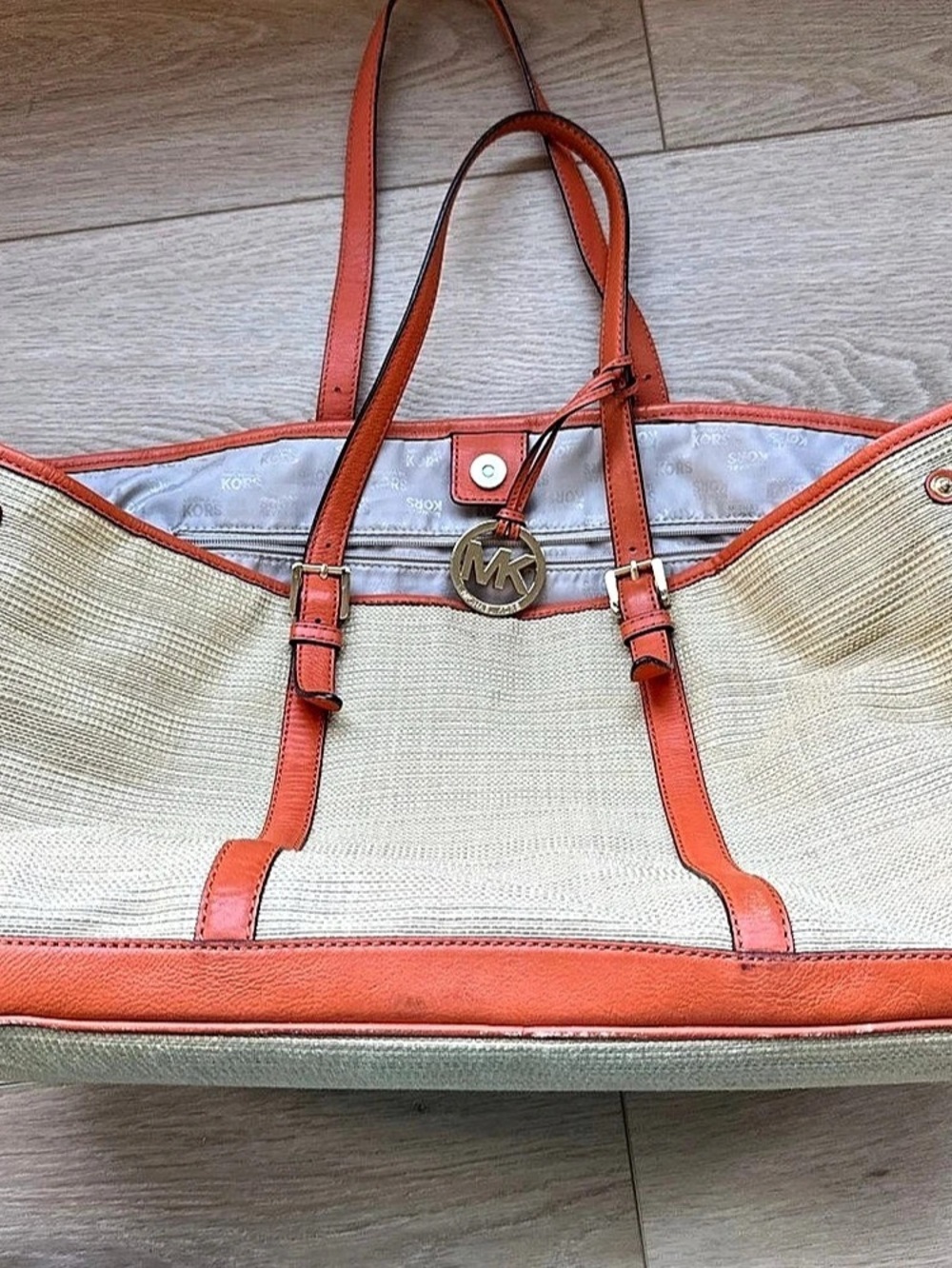 Michael Kors Large Raffia Straw Tote Orange Leather Trim MK Charm Beach Bag